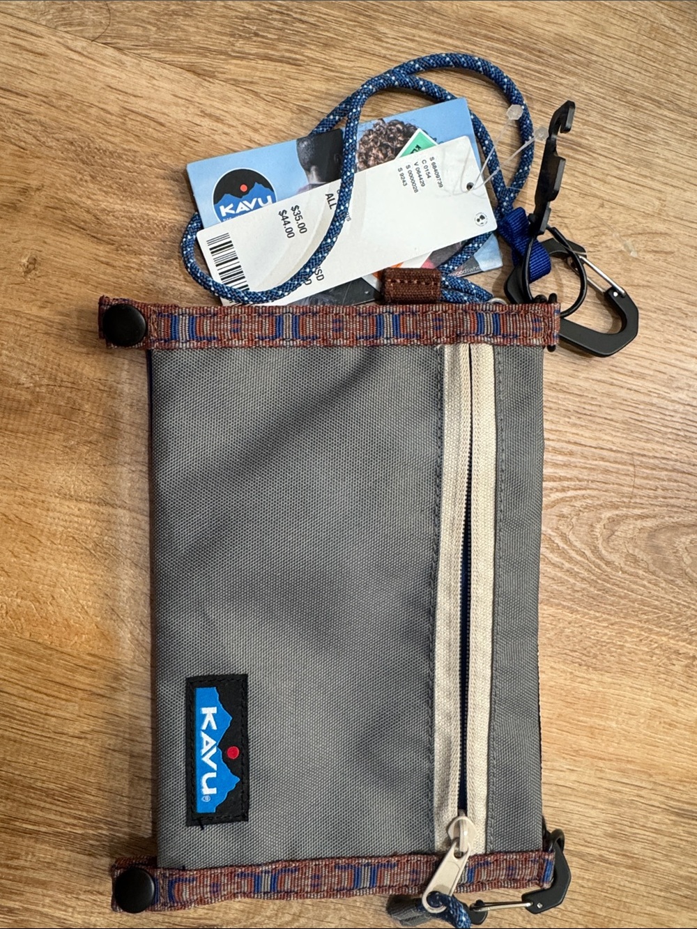 Kavu Gray Zip Pouch with Beige Trim and Multicolor Strap Accents